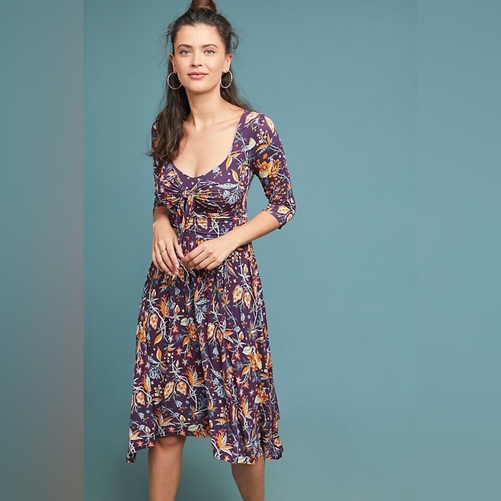 Anthropologie Maeve Beloved Dress Jersey Knit Floral 3/4 Sleeves Size Small